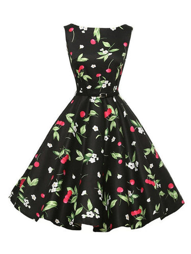 Cherry Print Vintage Pleated High Waist Dress Plus Size Xxl Women Rockabilly Dress 2016 High Quality Casual Dresses