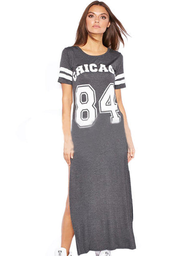 Chicago 84 Letter Print Baseball Style Double High Slit Fashion Girl Summer Dress Women Long Maxi T Shirt Dress New Arrival 2016