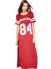 Chicago 84 Letter Print Baseball Style Double High Slit Fashion Girl Summer Dress Women Long Maxi T Shirt Dress New Arrival 2016