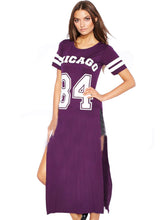 Chicago 84 Letter Print Baseball Style Double High Slit Fashion Girl Summer Dress Women Long Maxi T Shirt Dress New Arrival 2016