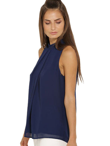 Chiffon Sleeveless Loose Summer Women Casual Blouse Navy Blue Open Back Elegant Ladies Top Shirts High Quality 2016 Top Girl New