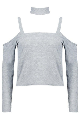 Choker Blouse Cold Shoulder Tops Low Back Long Sleeve Shirt Women Gray Women Tops And Blouses 2016 New Fashion Camisas Femininas