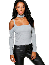 Choker Blouse Cold Shoulder Tops Low Back Long Sleeve Shirt Women Gray Women Tops And Blouses 2016 New Fashion Camisas Femininas