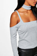 Choker Blouse Cold Shoulder Tops Low Back Long Sleeve Shirt Women Gray Women Tops And Blouses 2016 New Fashion Camisas Femininas