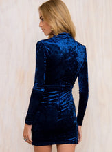Choker Mini Deep V-Neck Solid Dress Velvet Black Lace Sexy Club Dress 2016 Summer Sexy Slit Bodycon Full Sleeve Deep Blue Red