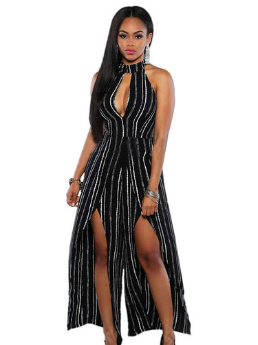Choker Neck Low Cut Cleavage High Slit Double Split Striped Black Long Jumpsuit Sleeveless Party Club Sexy Summer Romper 2016