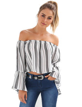 Choker Off Shoulder Full Sleeve Blouse Striped Print Trumpet Sleeve Black Blouses Women New Summer Fashion 2016 Short Blouse