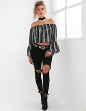 Choker Off Shoulder Full Sleeve Blouse Striped Print Trumpet Sleeve Black Blouses Women New Summer Fashion 2016 Short Blouse