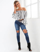 Choker Off Shoulder Full Sleeve Blouse Striped Print Trumpet Sleeve Black Blouses Women New Summer Fashion 2016 Short Blouse
