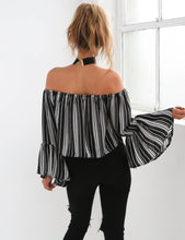 Choker Off Shoulder Full Sleeve Blouse Striped Print Trumpet Sleeve Black Blouses Women New Summer Fashion 2016 Short Blouse