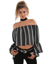 Choker Off Shoulder Full Sleeve Blouse Striped Print Trumpet Sleeve Black Blouses Women New Summer Fashion 2016 Short Blouse