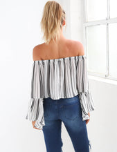 Choker Off Shoulder Full Sleeve Blouse Striped Print Trumpet Sleeve Black Blouses Women New Summer Fashion 2016 Short Blouse