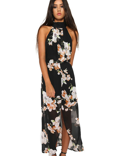 Choker Sleeveless Floral Print Chiffon Sheer See Through High Low Long Maxi Dress Casual Beach Summer 2016 Ladies New Arrival