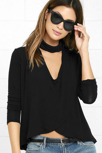 Choker V-Neck Ruched Black Full Sleeve Solid Blouse Women Fashion New Tops High And Low Casual Autumn Shirt Fall Blouse