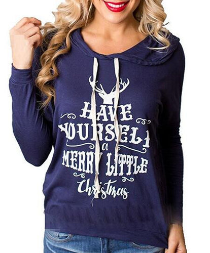 Christmas Letter Print Hooded Have Yourself Merry Little Christmas Blouse Shirt Full Sleeve Casual Top Women 2016 Autumn Blouse