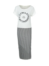 Circle Letter Print Tshirt Dress Summer Casual Vertical Striped Print Women Dress Girl One Pieces Bodycon Patchwork 2 In 1