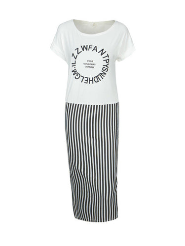Circle Letter Print Tshirt Dress Summer Casual Vertical Striped Print Women Dress Girl One Pieces Bodycon Patchwork 2 In 1
