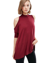 Cold Shoulder Turtle Neck Slit Sleeve Shirt Female Long Shirt Women 2016 Loose Top Red High Neck Top T Shirt Tee T-Shirt Female