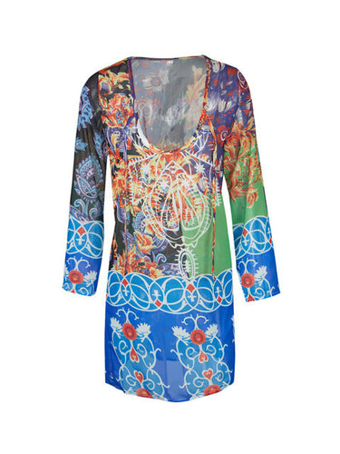 Color Tribal Print Pattern V Neck Front Tie Up Women Summer Sexy Long Sleelve Dress Boho Bohemian New Arrivals 2016 Women Dress