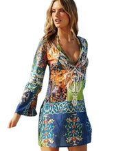 Color Tribal Print Pattern V Neck Front Tie Up Women Summer Sexy Long Sleelve Dress Boho Bohemian New Arrivals 2016 Women Dress