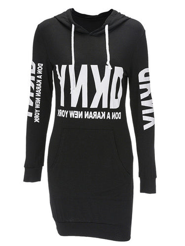 Cotton Letter Print Hooded Dress Full Sleeve Pullover Pocket Women Casual 2016 Autumn Loose Dress Black Mini New Arrival Dress