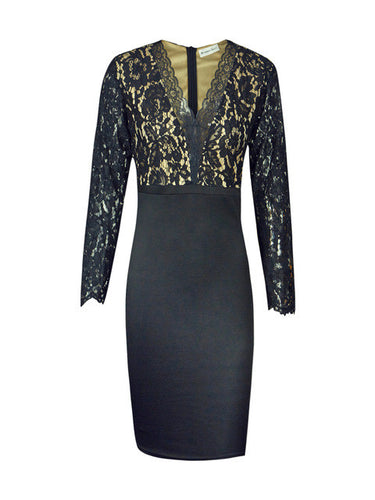 Crochet Black Floral Lace Deep V Neck Plunge High Waist Patchwork Midi Bodycon 2016 Party Dress Sexy Night Club Sexy Cleavage