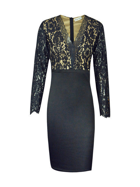 Crochet Black Floral Lace Deep V Neck Plunge High Waist Patchwork Midi Bodycon 2016 Party Dress Sexy Night Club Sexy Cleavage