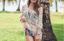 Crochet Front Lace Up V Neck See Through Sexy Blouse Floral Pattern Beach Cover Up Women New Fashion Casual Summer Top 2016