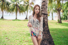 Crochet Front Lace Up V Neck See Through Sexy Blouse Floral Pattern Beach Cover Up Women New Fashion Casual Summer Top 2016