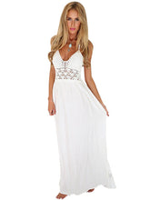 Crochet Plunge Hollow Out Sheer White Halter Backless Long Maxi Dress Casual Beach Strappy Party Dress 2016 Summer