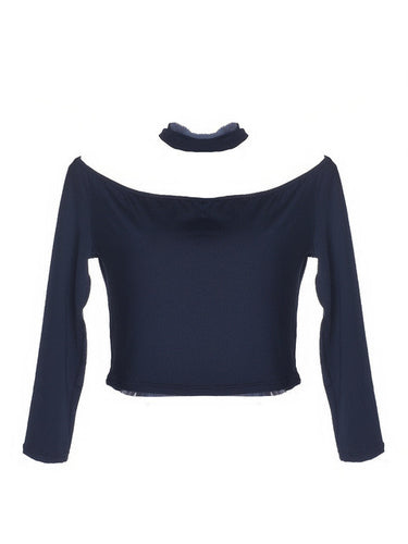 Cropped Slash Choker Neck Halter Sexy Long Sleeve Club Fashion European Style Off Shoulder T Shirt Tee Crop Top Fashion