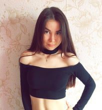 Cropped Slash Choker Neck Halter Sexy Long Sleeve Club Fashion European Style Off Shoulder T Shirt Tee Crop Top Fashion