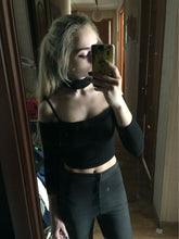 Cropped Slash Choker Neck Halter Sexy Long Sleeve Club Fashion European Style Off Shoulder T Shirt Tee Crop Top Fashion