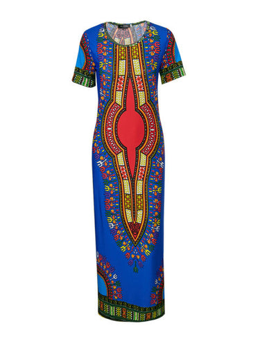 Dashiki Color Pattern African Dress Short Sleeve Women Casual Dress Women Tribal Print Mid-Calf Dress 2016 Fashion Quality