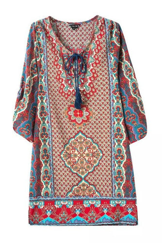 Dashiki V Neck Front Tie Up Loose Tribal Pattern Mini Short Women Dress Floral Print African Fashion Lady Summer Dress 2017