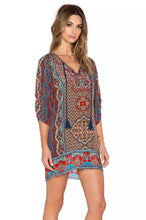 Dashiki V Neck Front Tie Up Loose Tribal Pattern Mini Short Women Dress Floral Print African Fashion Lady Summer Dress 2017