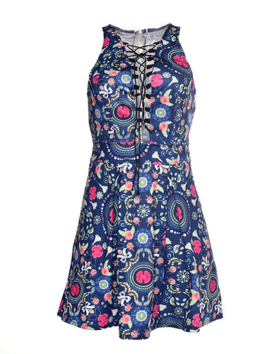 Deep Plunge V Neck Front Lace Up Sexy Floral Print Sun Dress Summer Casual Mini Short Sleeveless A Line Dress Cute Flower Swing
