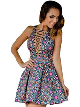 Deep Plunge V Neck Front Lace Up Sexy Floral Print Sun Dress Summer Casual Mini Short Sleeveless A Line Dress Cute Flower Swing
