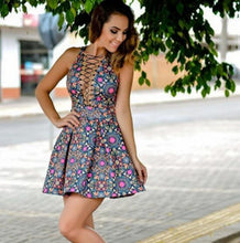 Deep Plunge V Neck Front Lace Up Sexy Floral Print Sun Dress Summer Casual Mini Short Sleeveless A Line Dress Cute Flower Swing
