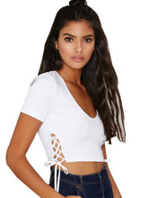 Deep V Neck Low Cut Side Lace Up Bow Knot Crop Top Fashion Cropped Sexy Casual Club Black White 2 Color Women Shirt T Shirt Tee