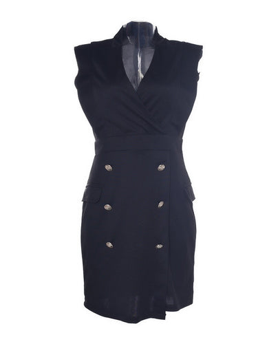 Deep V Neck Sleeveless Fake Pocket Metal Button Wrap Dress Fashion Mini Short Dress Black Formal Office Casual Work Sexy Black