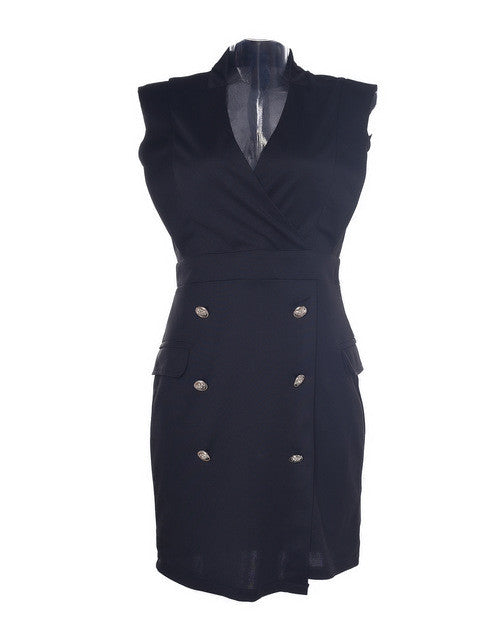 Deep V Neck Sleeveless Fake Pocket Metal Button Wrap Dress Fashion Mini Short Dress Black Formal Office Casual Work Sexy Black