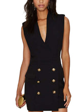 Deep V Neck Sleeveless Fake Pocket Metal Button Wrap Dress Fashion Mini Short Dress Black Formal Office Casual Work Sexy Black