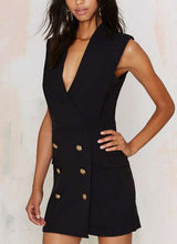 Deep V Neck Sleeveless Fake Pocket Metal Button Wrap Dress Fashion Mini Short Dress Black Formal Office Casual Work Sexy Black