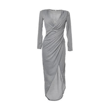 Deep V Neck Split Autumn Fashion Club Dress Sexy Long Sleeve Casual Gray Dress for Women Long Ruched Wrap Dress