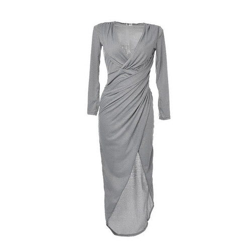 Deep V Neck Split Autumn Fashion Club Dress Sexy Long Sleeve Casual Gray Dress for Women Long Ruched Wrap Dress
