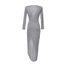 Deep V Neck Split Autumn Fashion Club Dress Sexy Long Sleeve Casual Gray Dress for Women Long Ruched Wrap Dress