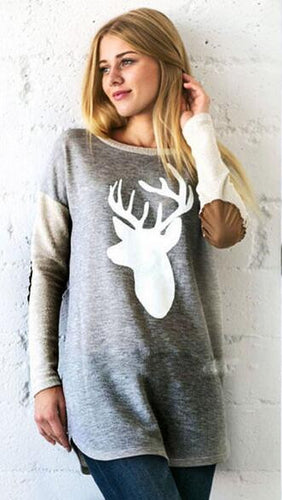 Deer Print O-Neck Full Sleeve Blouse Patchworck Casual Women Shirt Irregular Skirt Women Chirstmas Top Women 2016 Autumn Blouses