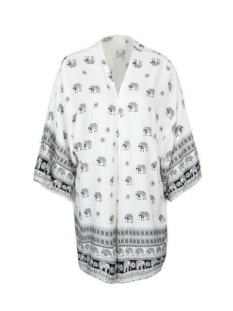 Elegant Print Boho Bohemian Pattern Open Blouse Women Kimono Long Shirt Loose Blouse Cover Up White Cotton Kimono Cardigan