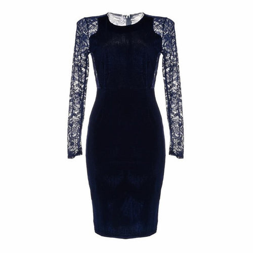 Elegant Women Lace Dress Backless Long Sleeve Pencil Dresses Autumn Plus Size Sexy Slim Bodycon Formal Velvet Dress Vestidos